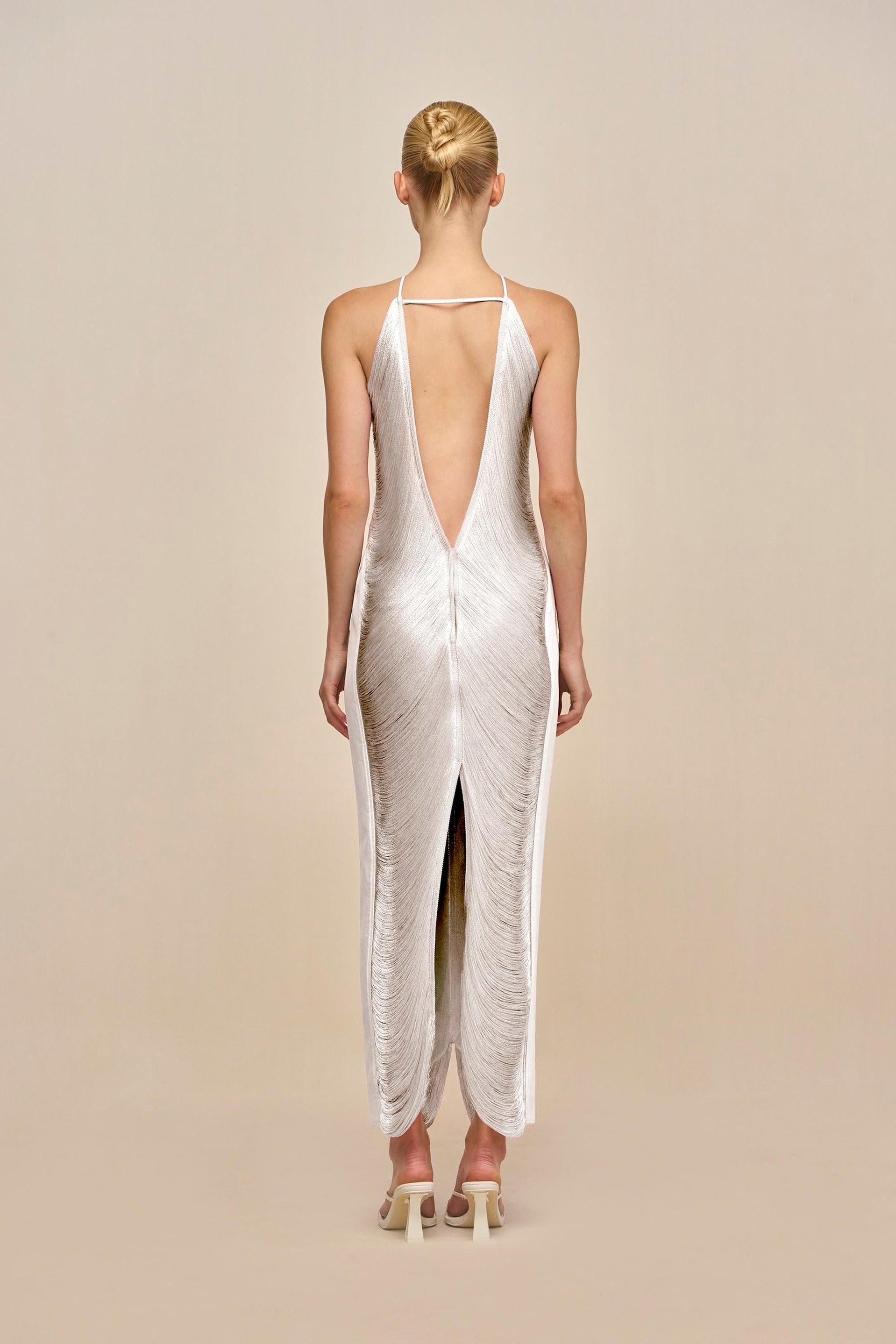 Veroty Halter Fringe Maxi Dress -white