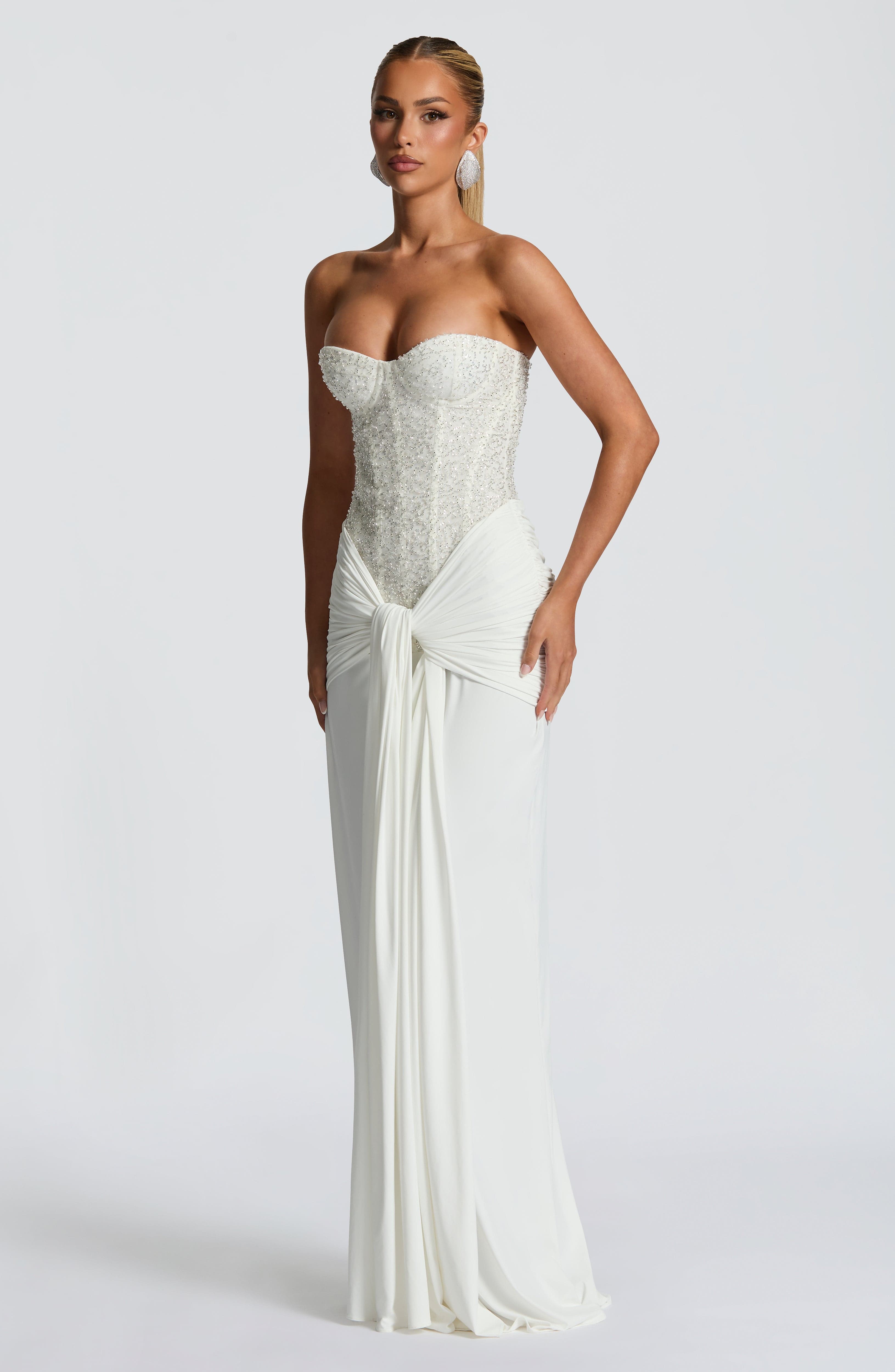 Albie Sequin Strapless Ruched Maxi Dress - White
