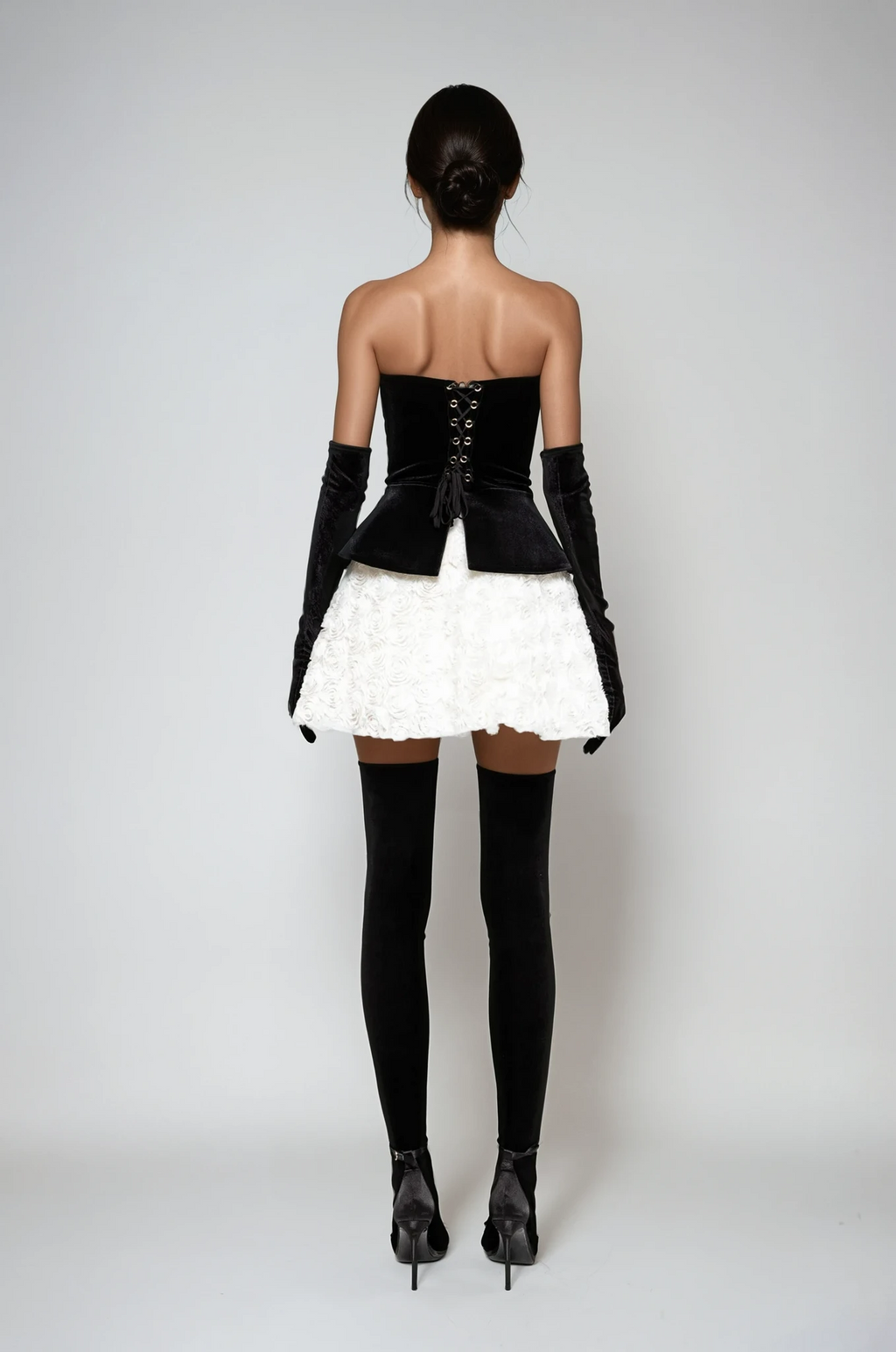 Abda Strapless Floral Layerd Velvet Mini Dress
