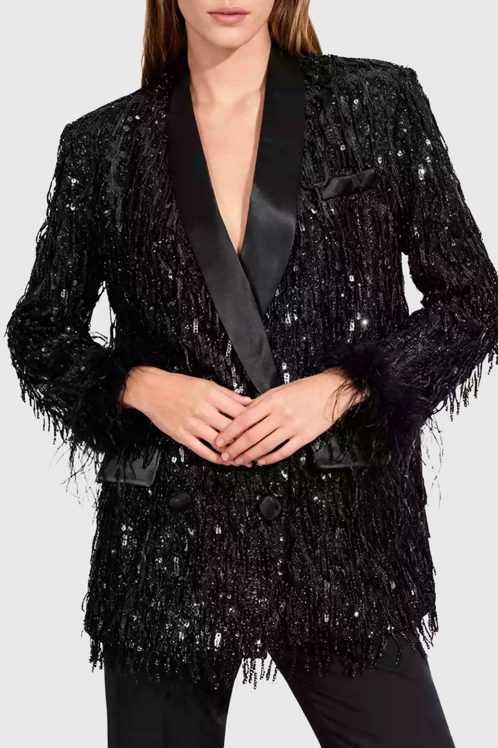 Abram Sequin Fringe Feather Blazer