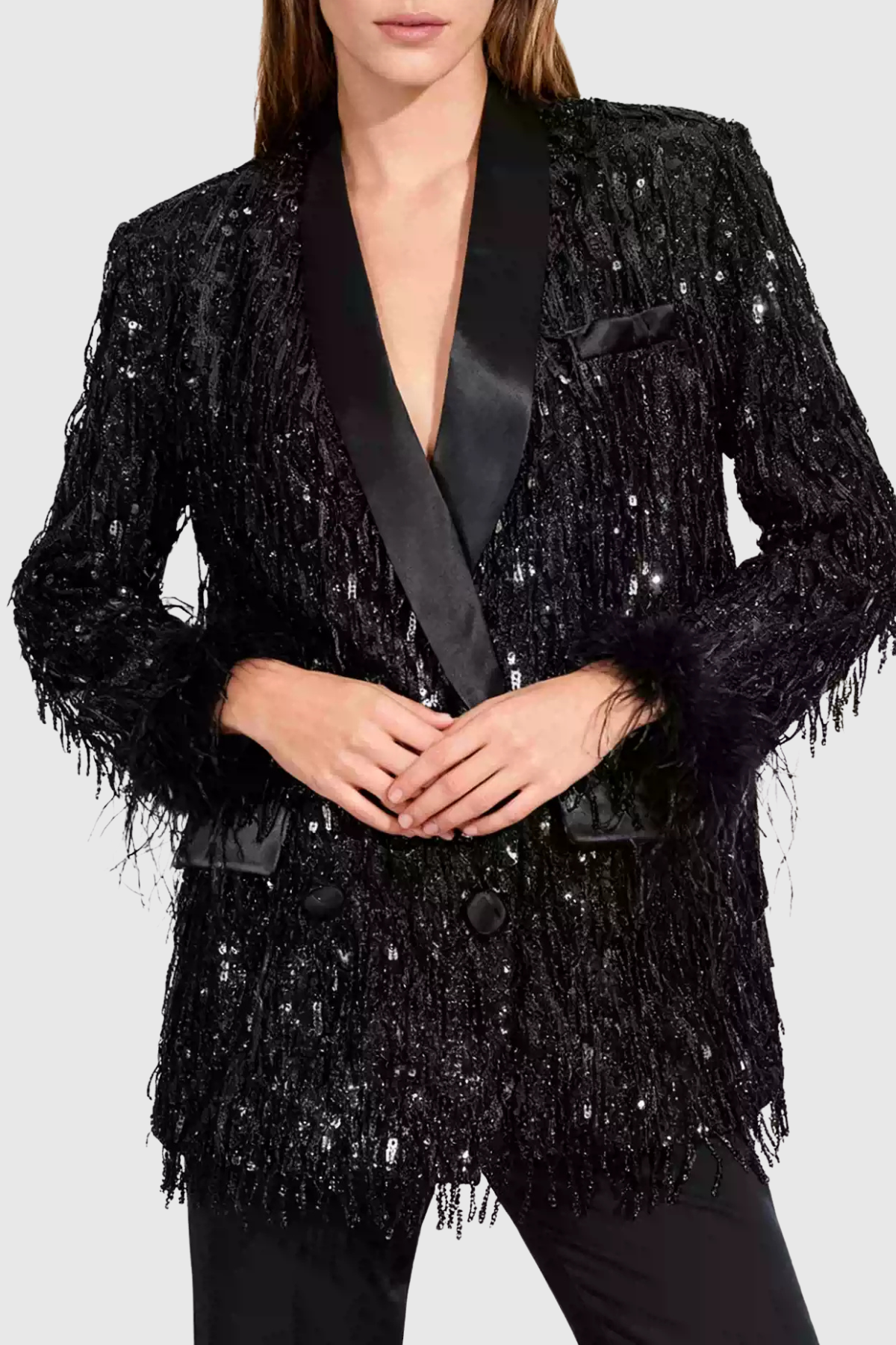 Abram Sequin Fringe Feather Blazer