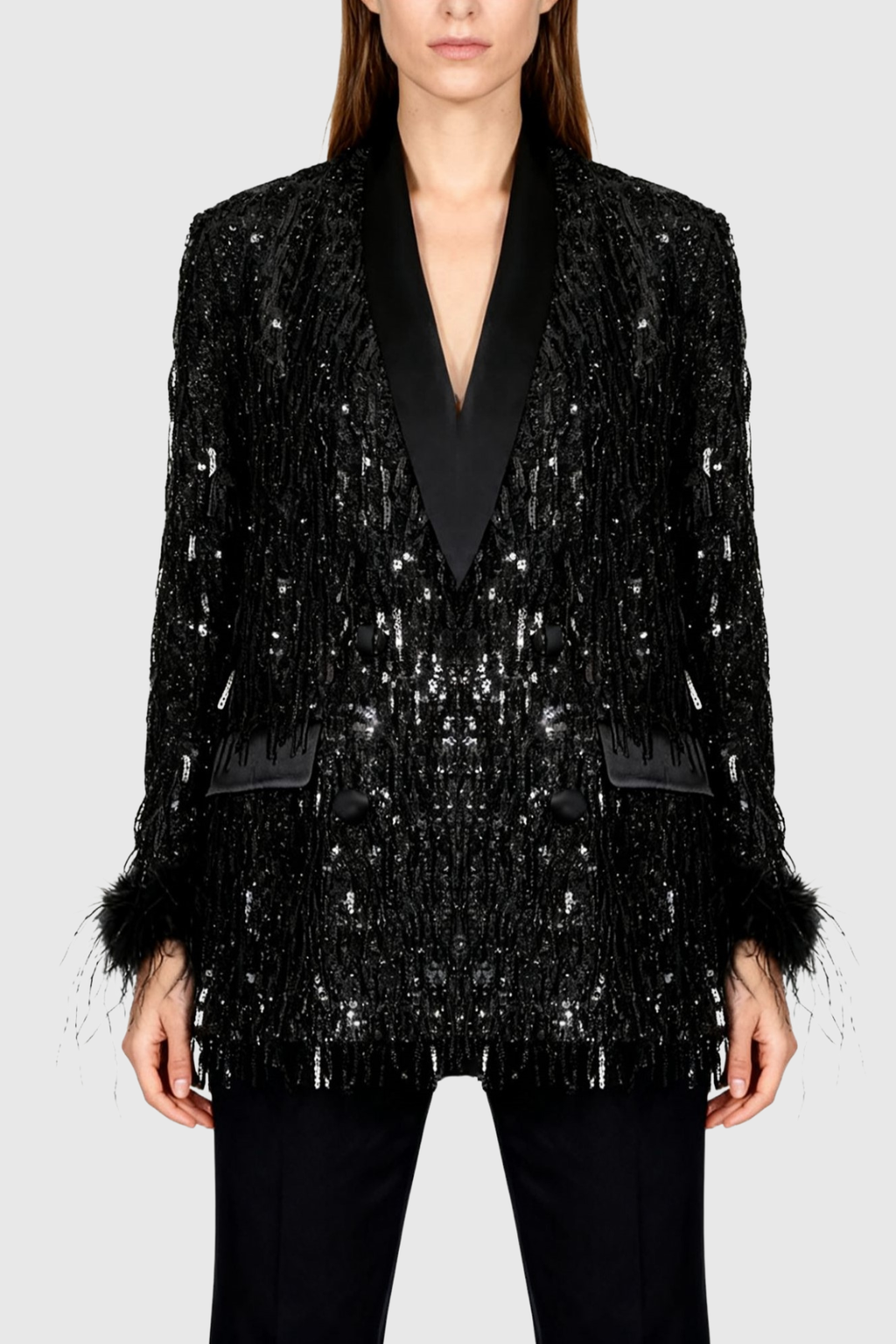 Abram Sequin Fringe Feather Blazer