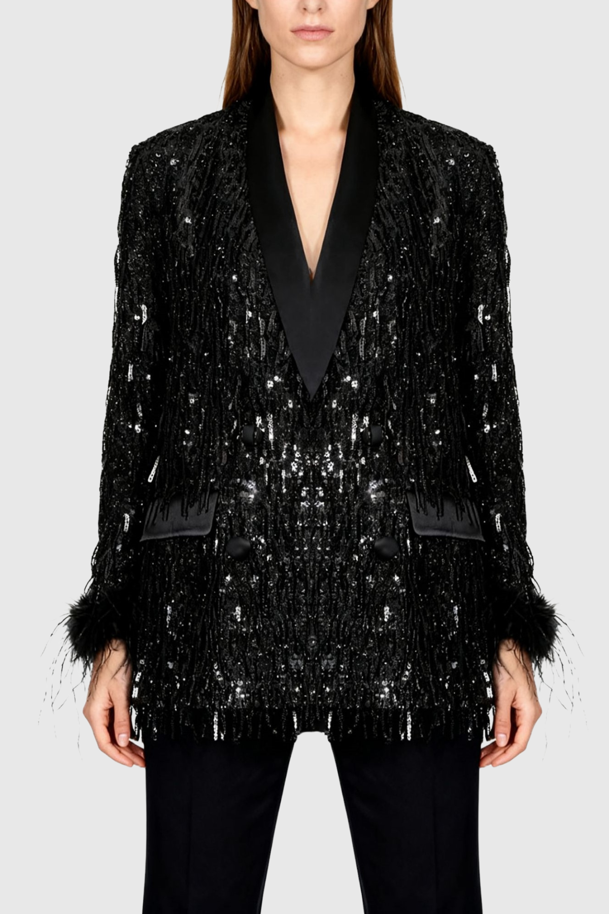 Abram Sequin Fringe Feather Blazer