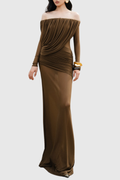Adair Off Shoulder Draped Mesh Maxi Dress - Brown