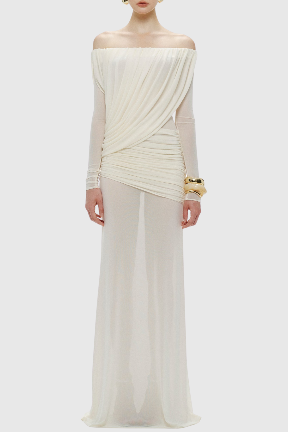 Adair Off Shoulder Draped Mesh Maxi Dress - White