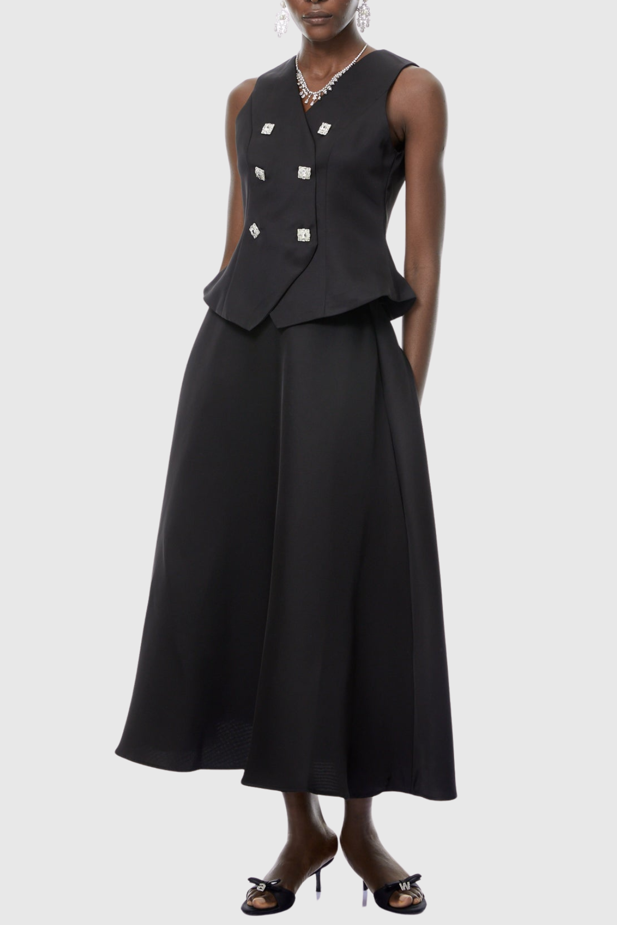 Adrien Crystal Embellished Vest & Midi Skirt Set - Black