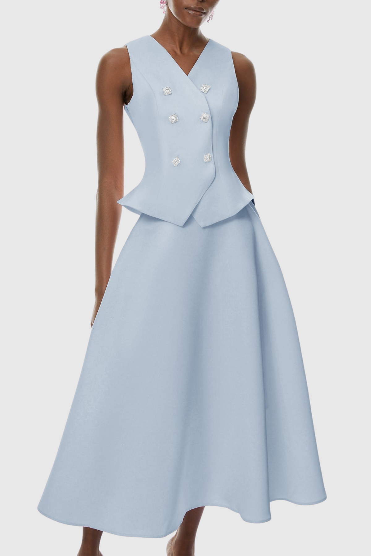 Adrien Crystal Embellished Vest & Midi Skirt Set - Blue