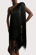 Aimee Bandage One Shoulder Fringe Mini Knit Dress - Black