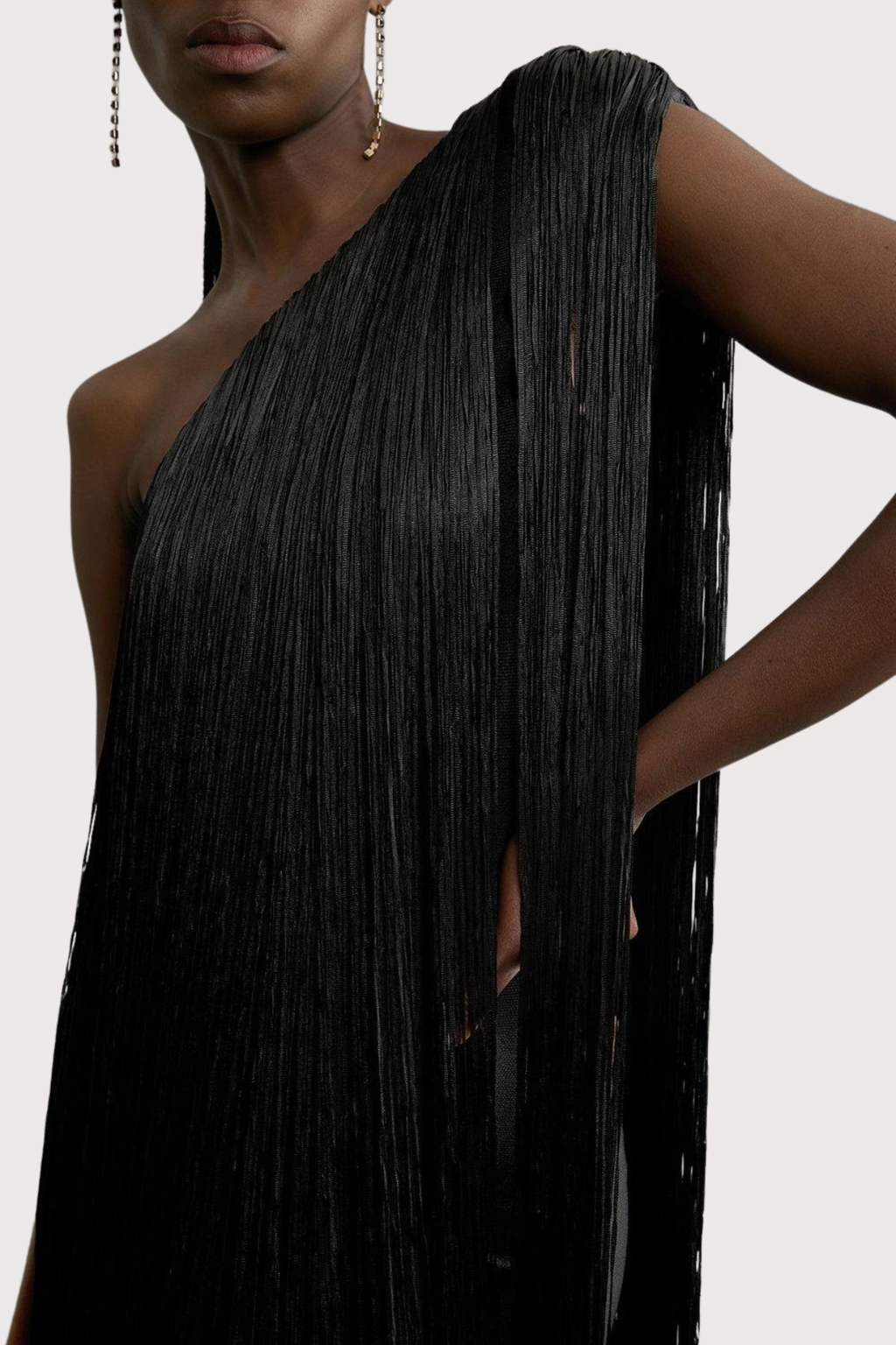 Aimee Bandage One Shoulder Fringe Mini Knit Dress - Black