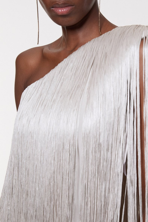 Aimee Bandage One Shoulder Fringe Mini Knit Dress - Silver