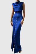 Airlie Satin Top & Buttoned Skirt Set - Blue