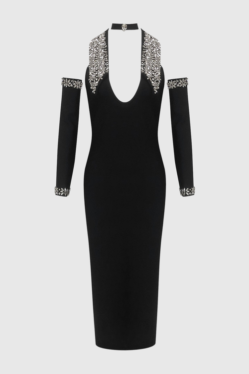 Akasha Halter Crystal Embellished Midi Bandage Dress