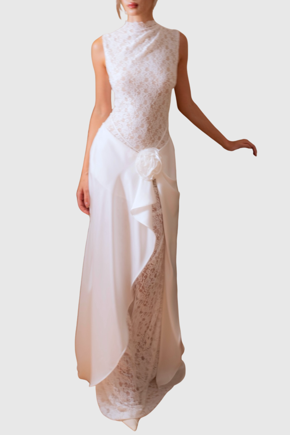 Akiva Lace Floral Sleeveless Draped Maxi Dress