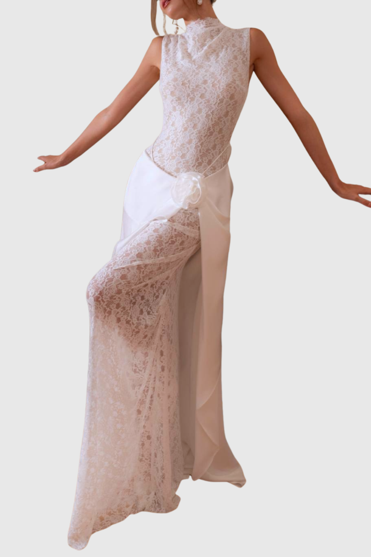 Akiva Lace Floral Sleeveless Draped Maxi Dress