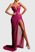 Alexana Rhinestone Mesh Strapless Split Maxi Dress