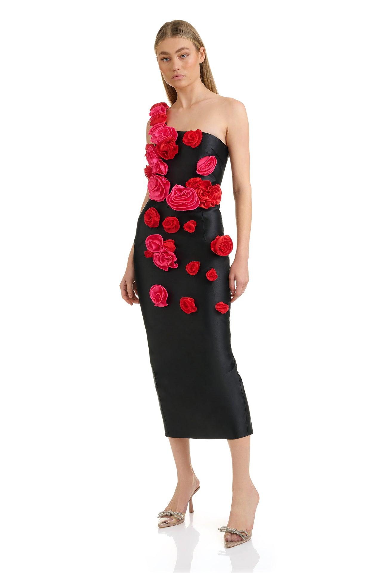 Allyson One Shoulder Floral Midi Bandage Dress