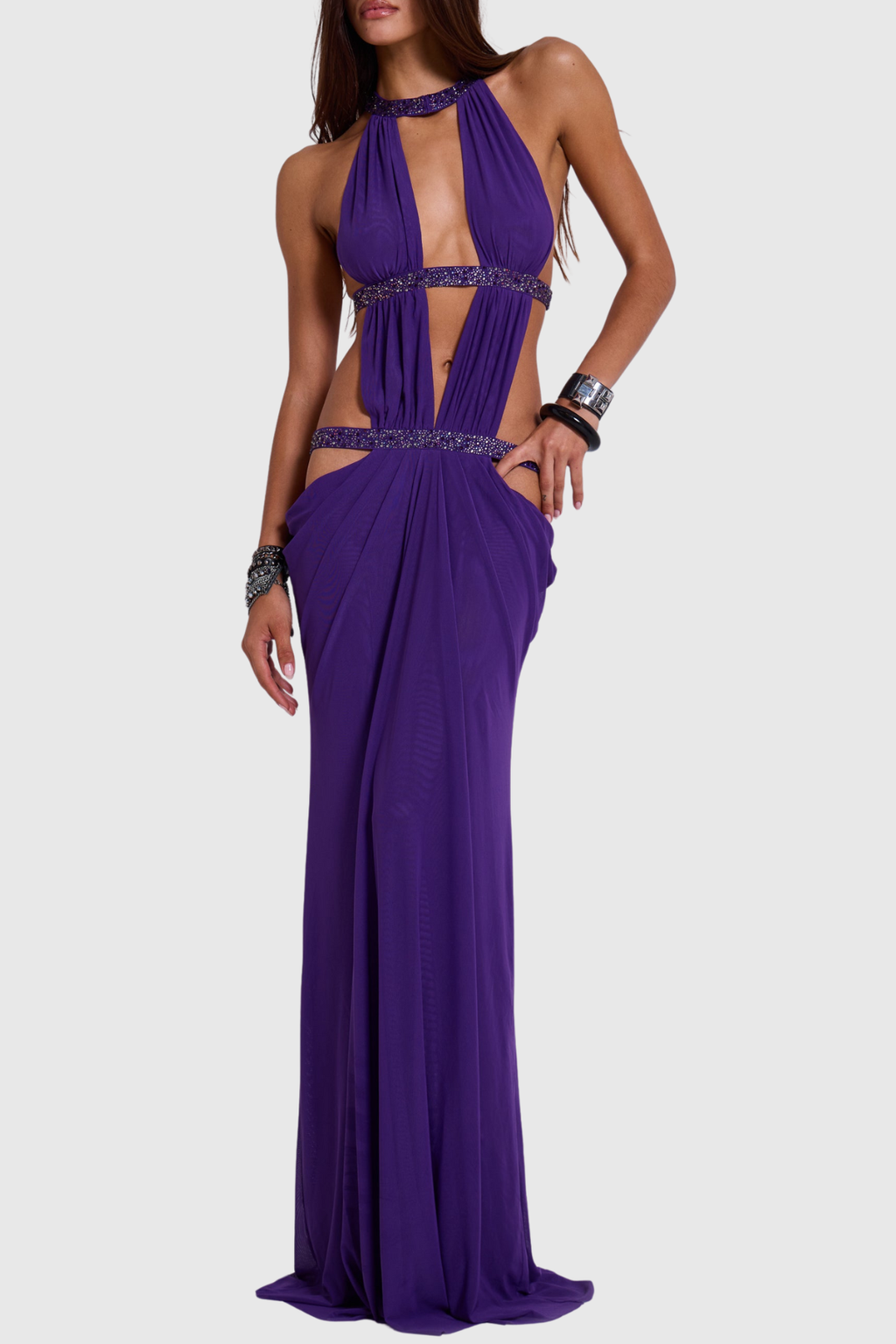 Anala Cutout Glitter Ruched Maxi Dress -Purple