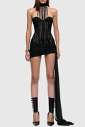 Anuki Mesh Halter Fringe Draped Mini Dress