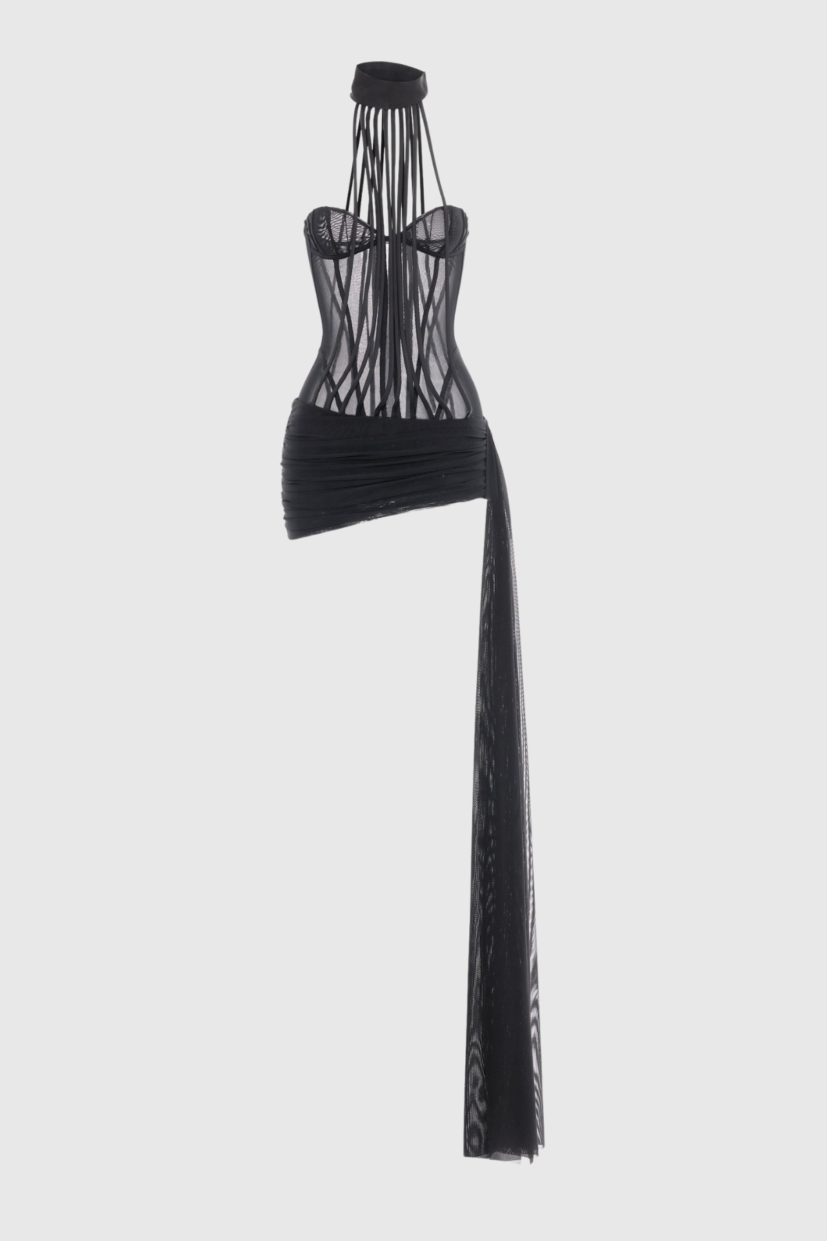 Anuki Mesh Halter Fringe Draped Mini Dress