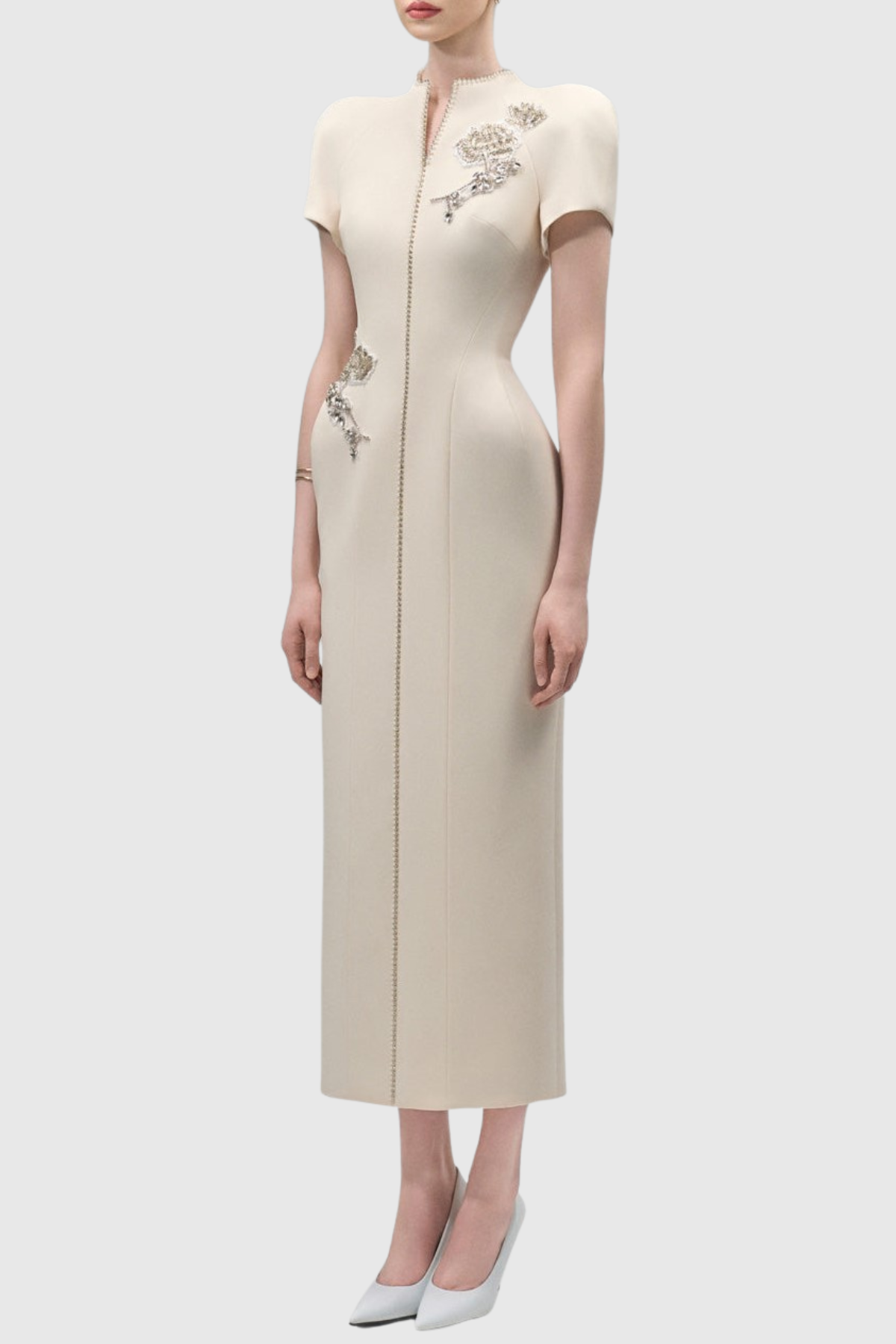 Aoseve Floral Crystal Embellished Midi Dress