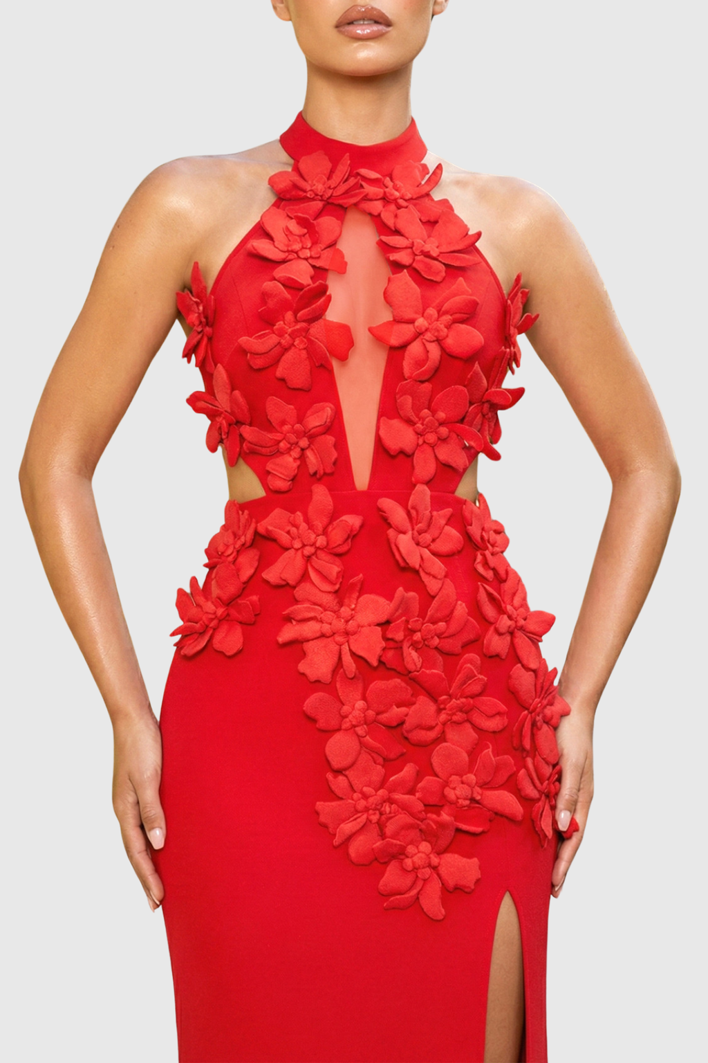 Atieno Floral Appliqué Maxi Bandage Dress - Red