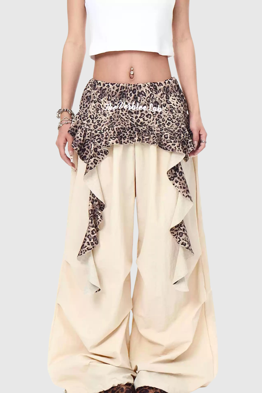 Baxle Leopard Ruffle Deconstruct Pants - Apricot