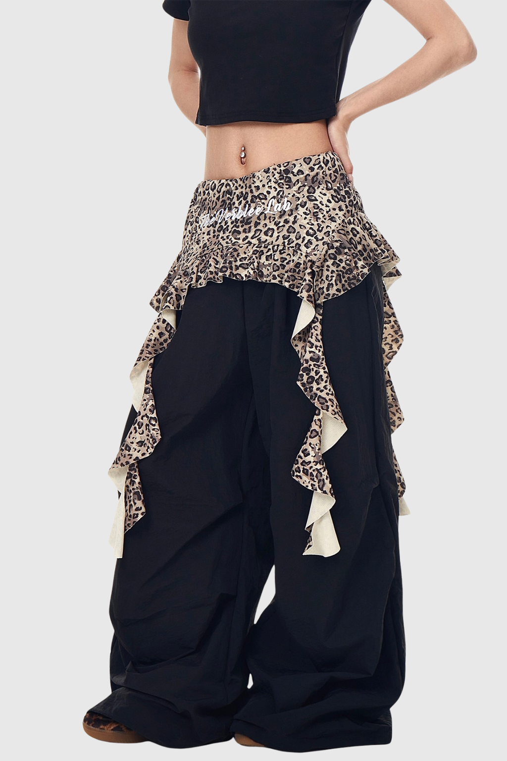 Baxle Leopard Ruffle Deconstruct Pants - Black