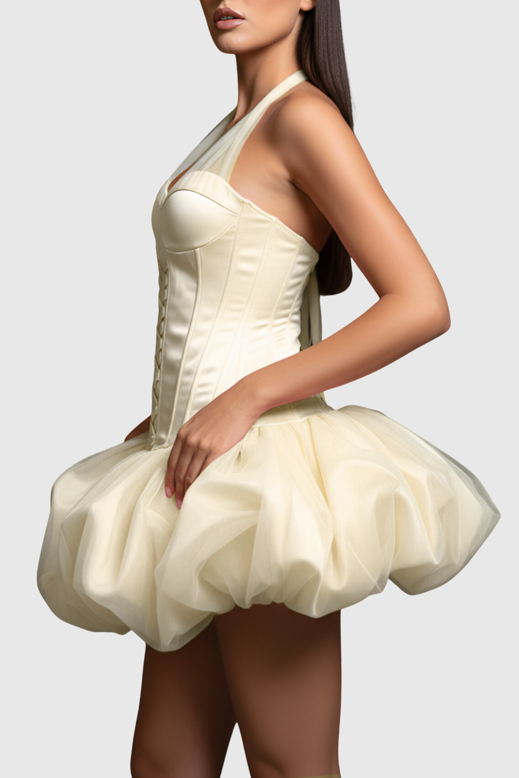 Benaia Lace Up Halter Bubble Mini Dress - Beige