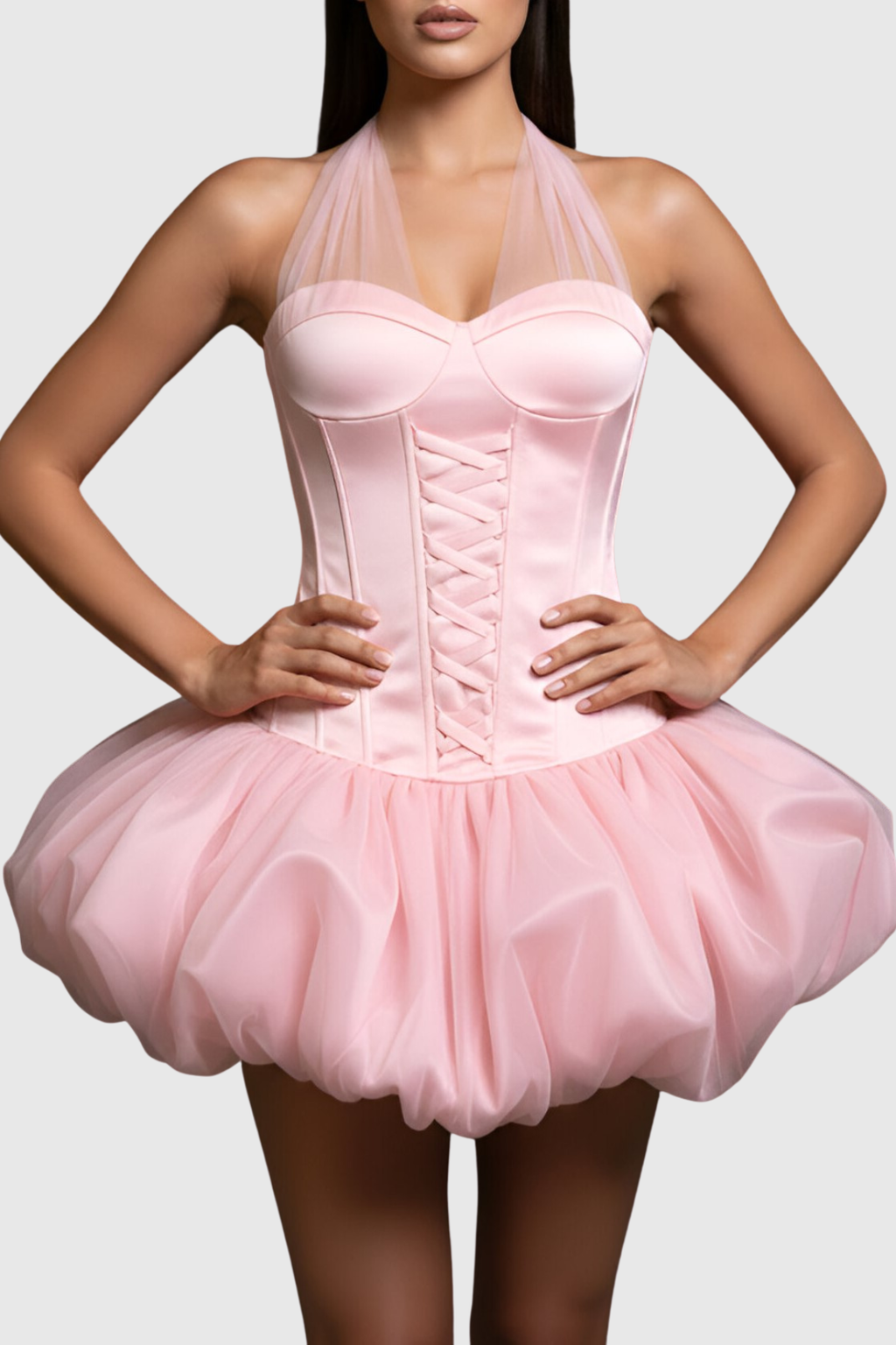 Benaia Lace Up Halter Bubble Mini Dress - Pink