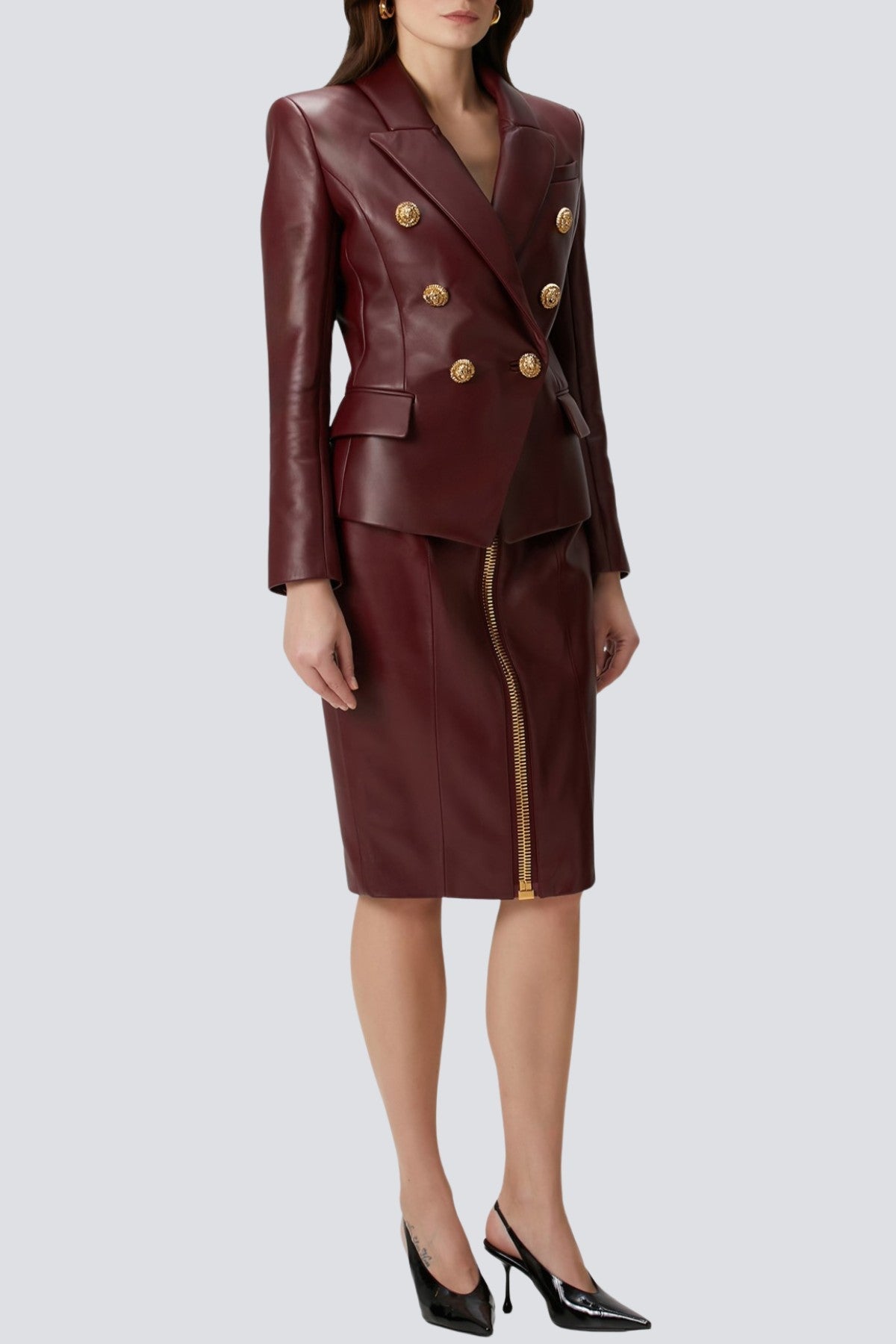 Benaz Burgundy Buttoned Leather Jacket