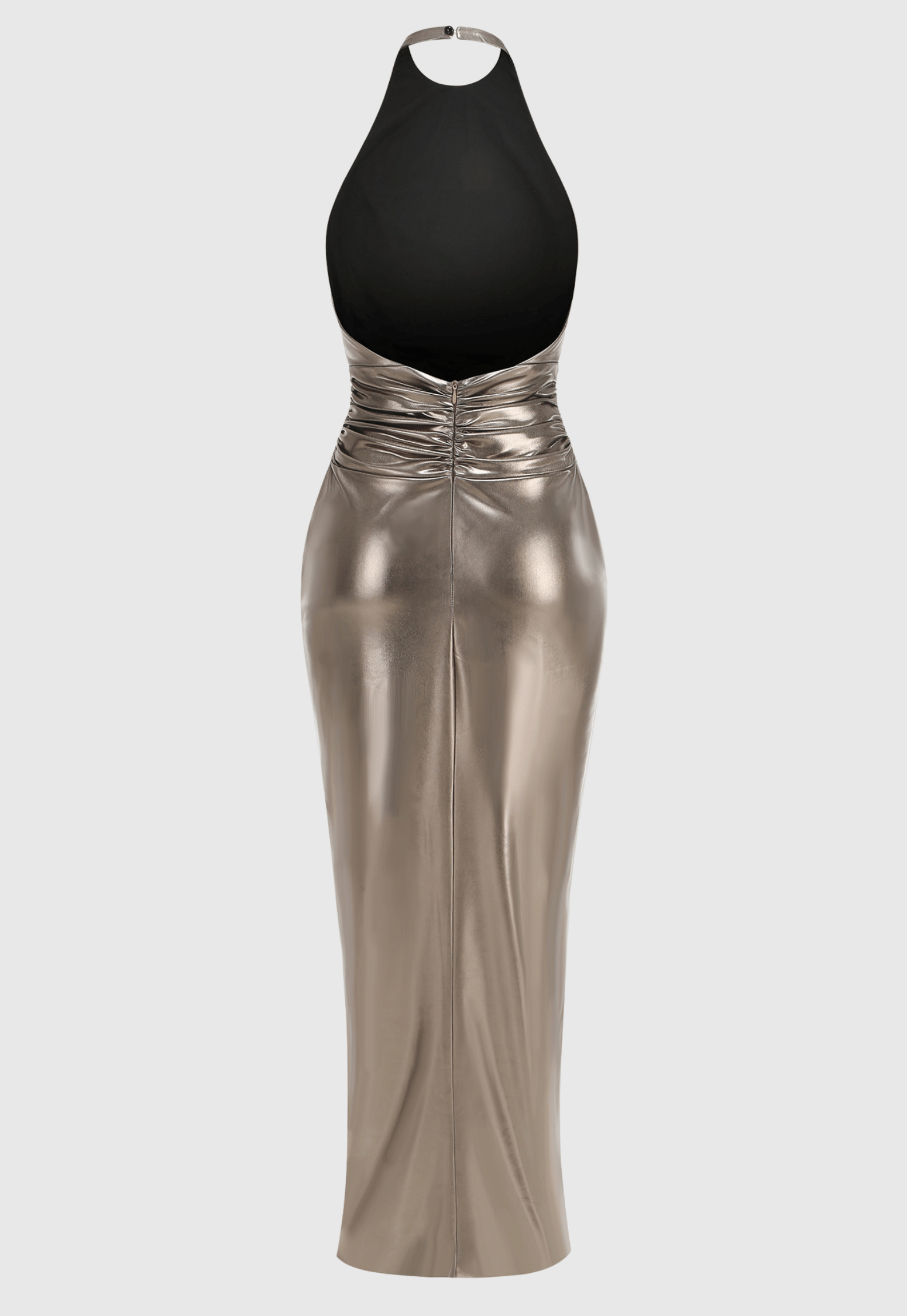 Berton Gold Halter Ruched Backless Split Maxi dress