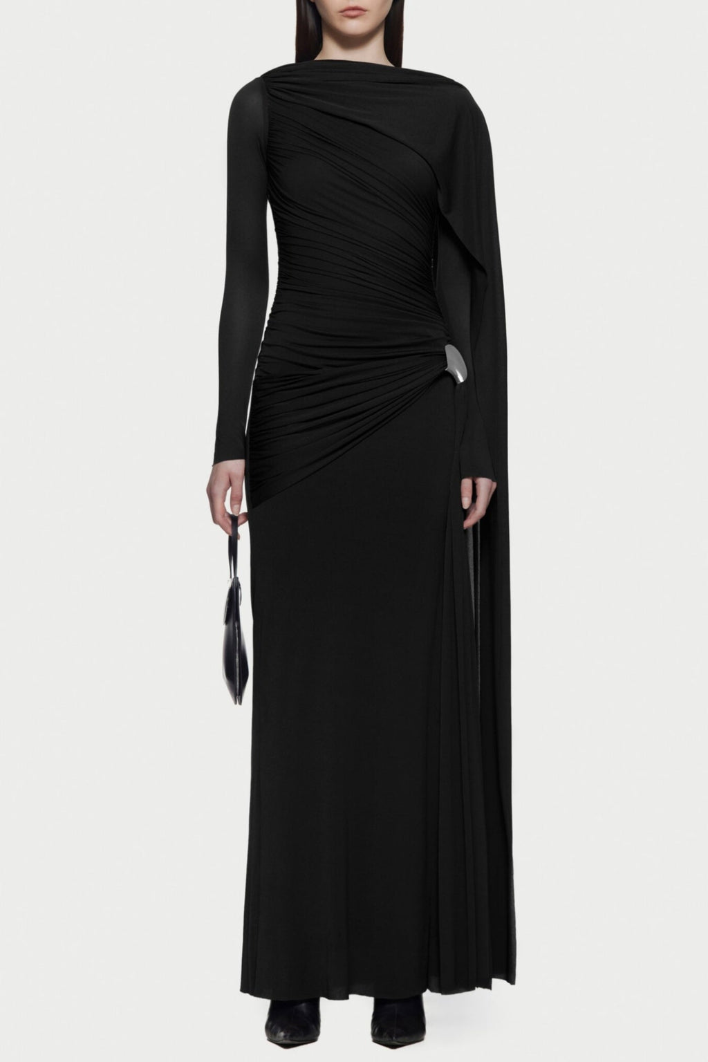 Betsey Asymmetrical Flap Ruched Maxi Dress - Black
