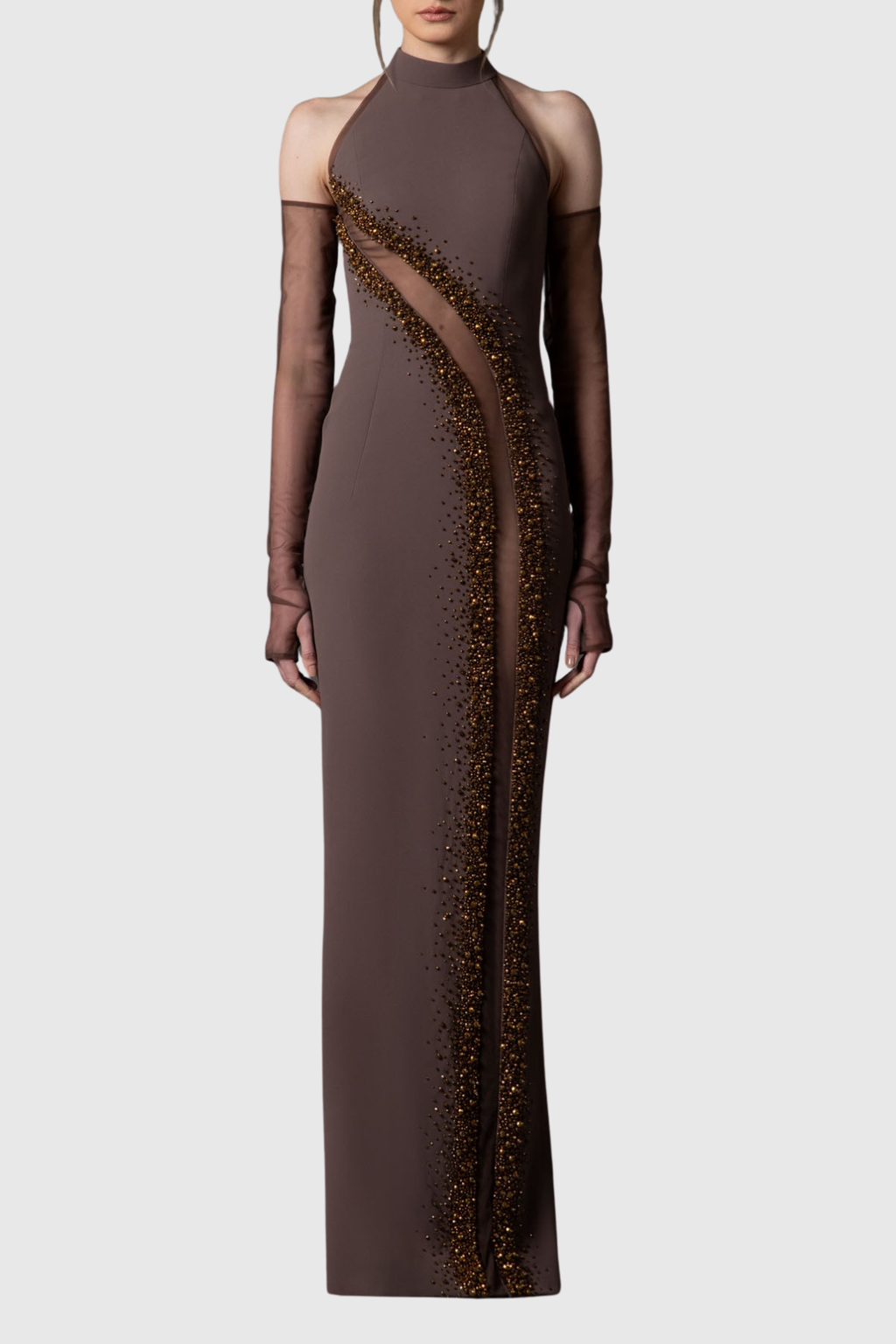 Caldsa Crystal Embellished Mesh Cutout Maxi Dress