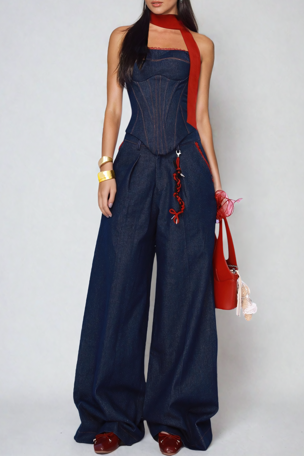 Kyra Strapless Lace Up Denim Set