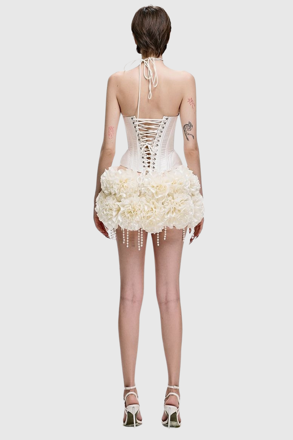 Orsolya Floral Pearl Corset Two Piece Set - Ivory
