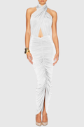 Citrine Halter Ruched Maxi Dress - White