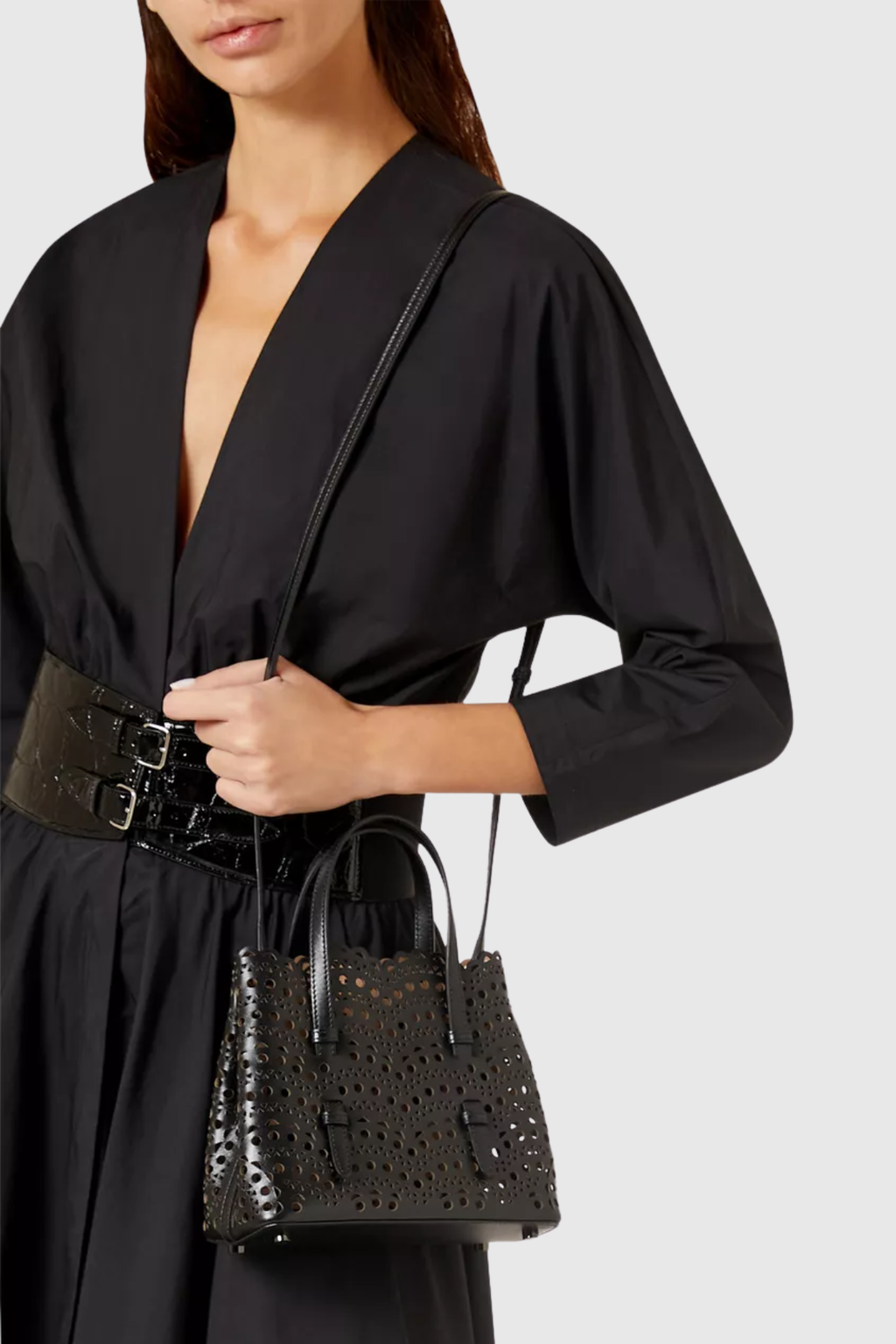 Clotila Lace Laser-cut Leather Tote Bag - Black