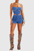 Codra Pearl Spaghetti Knit Shorts Set - Blue
