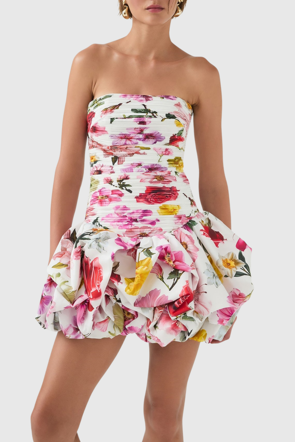 Coleka Floral Print Strapless Ruched Mini Dress - Floral pink