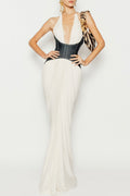 Daryle Halter Denim Corset Ruched Maxi Dress
