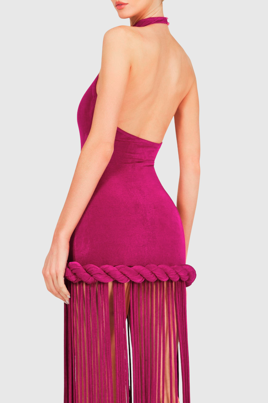 Datara Halter Velvet Rope Fringe Maxi Dress - Fuchsia