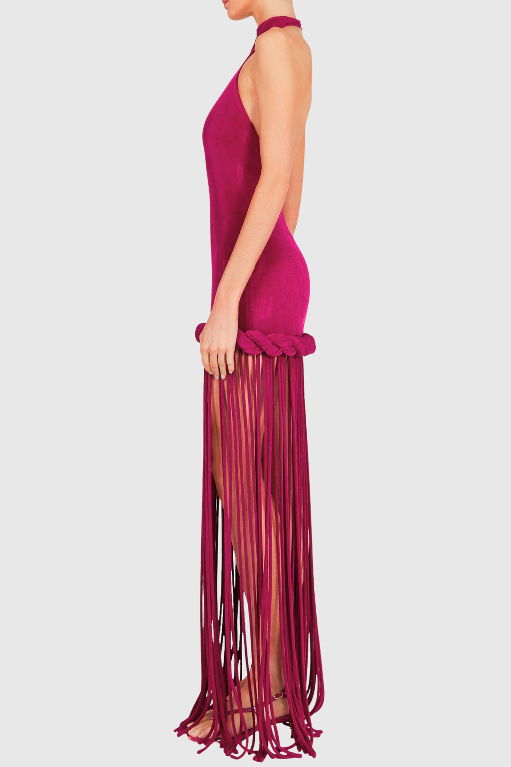 Datara Halter Velvet Rope Fringe Maxi Dress - Fuchsia
