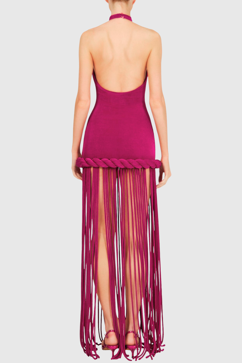 Datara Halter Velvet Rope Fringe Maxi Dress - Fuchsia