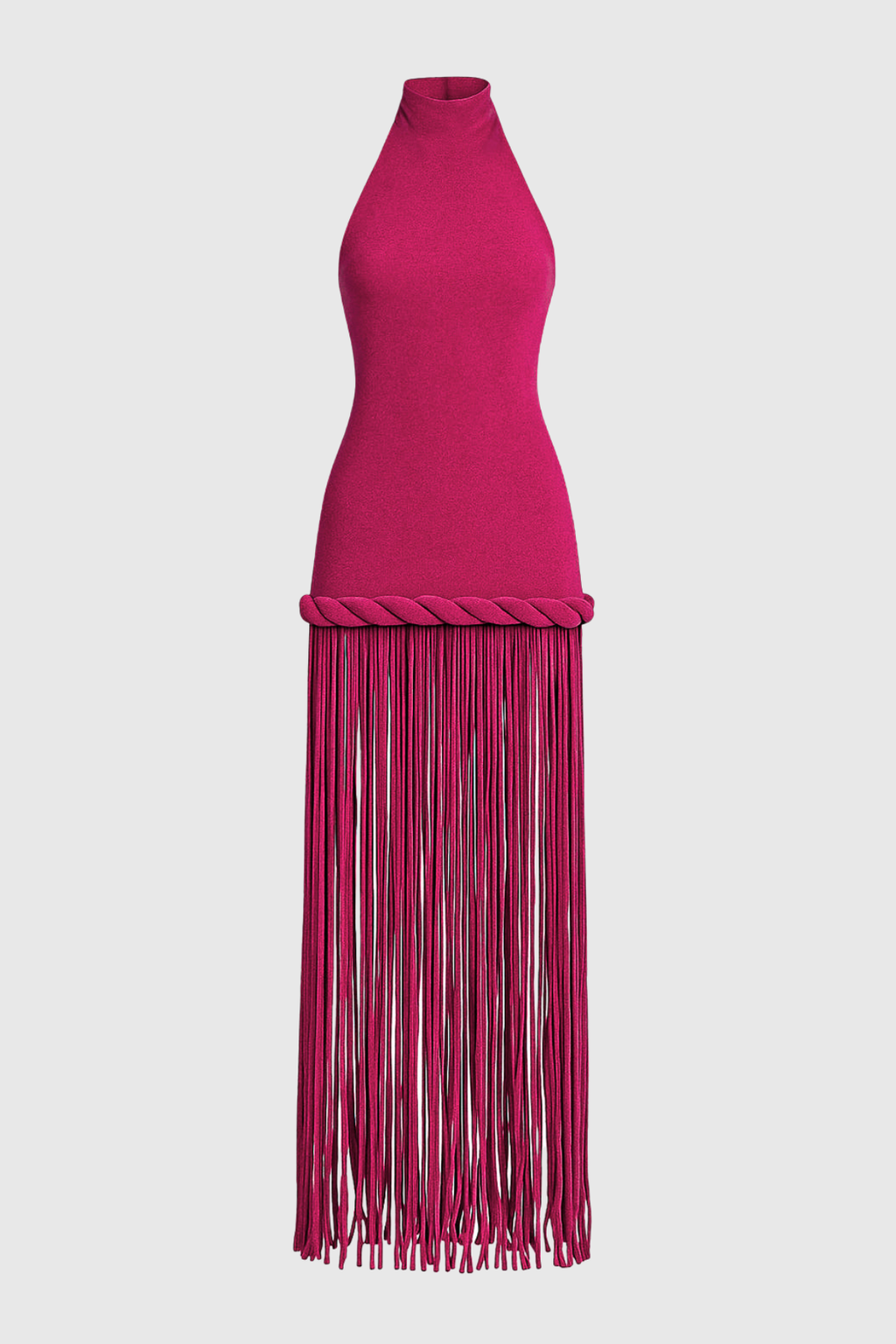 Datara Halter Velvet Rope Fringe Maxi Dress - Fuchsia