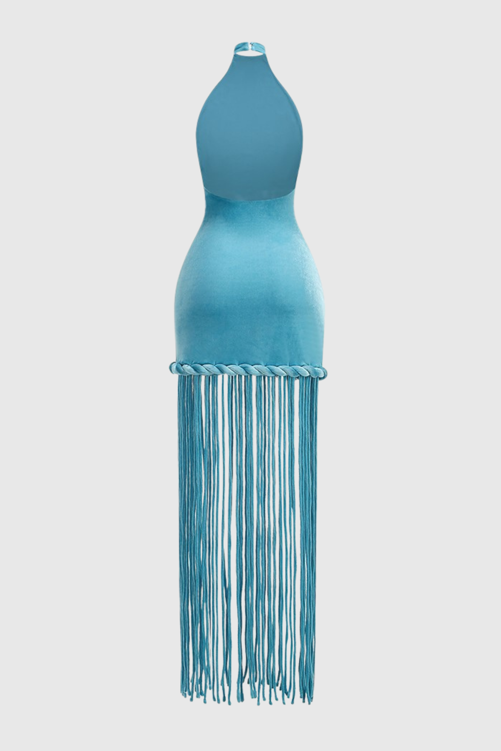 Datara Halter Velvet Rope Fringe Maxi Dress - Blue