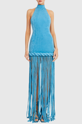 Datara Halter Velvet Rope Fringe Maxi Dress - Blue