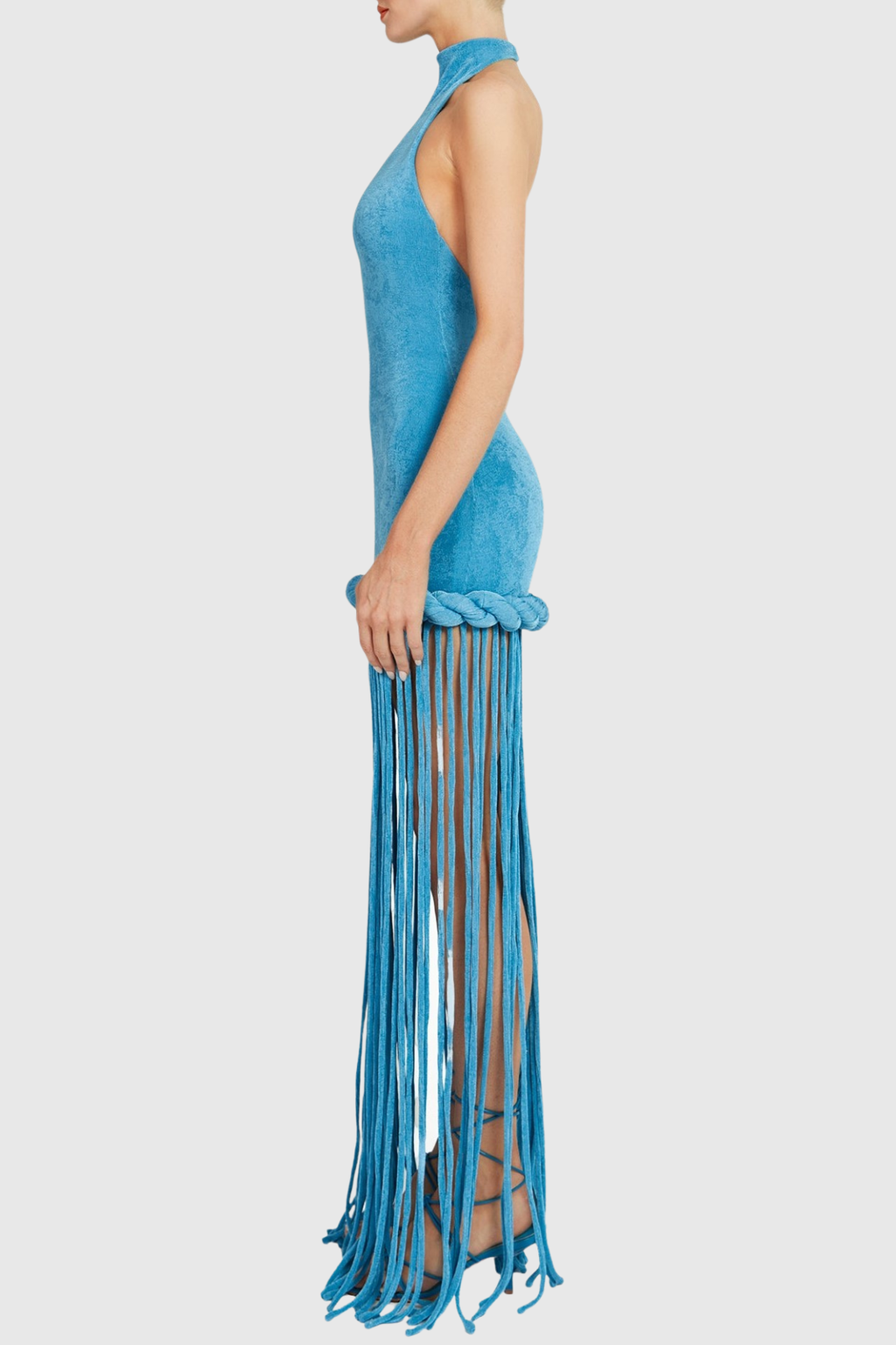 Datara Halter Velvet Rope Fringe Maxi Dress - Blue