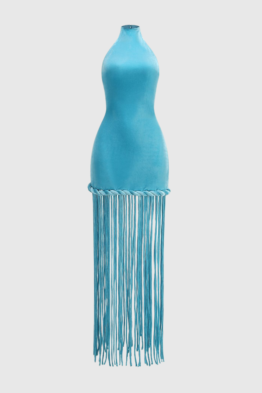 Datara Halter Velvet Rope Fringe Maxi Dress - Blue