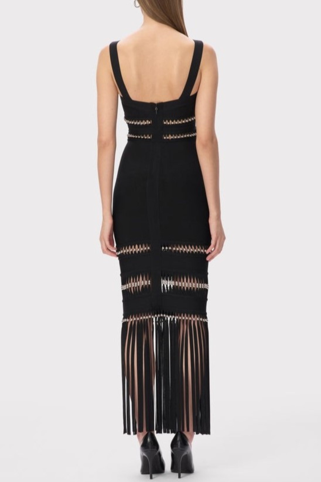 Efron Cutout Fringe Maxi Bandage Dress - Black