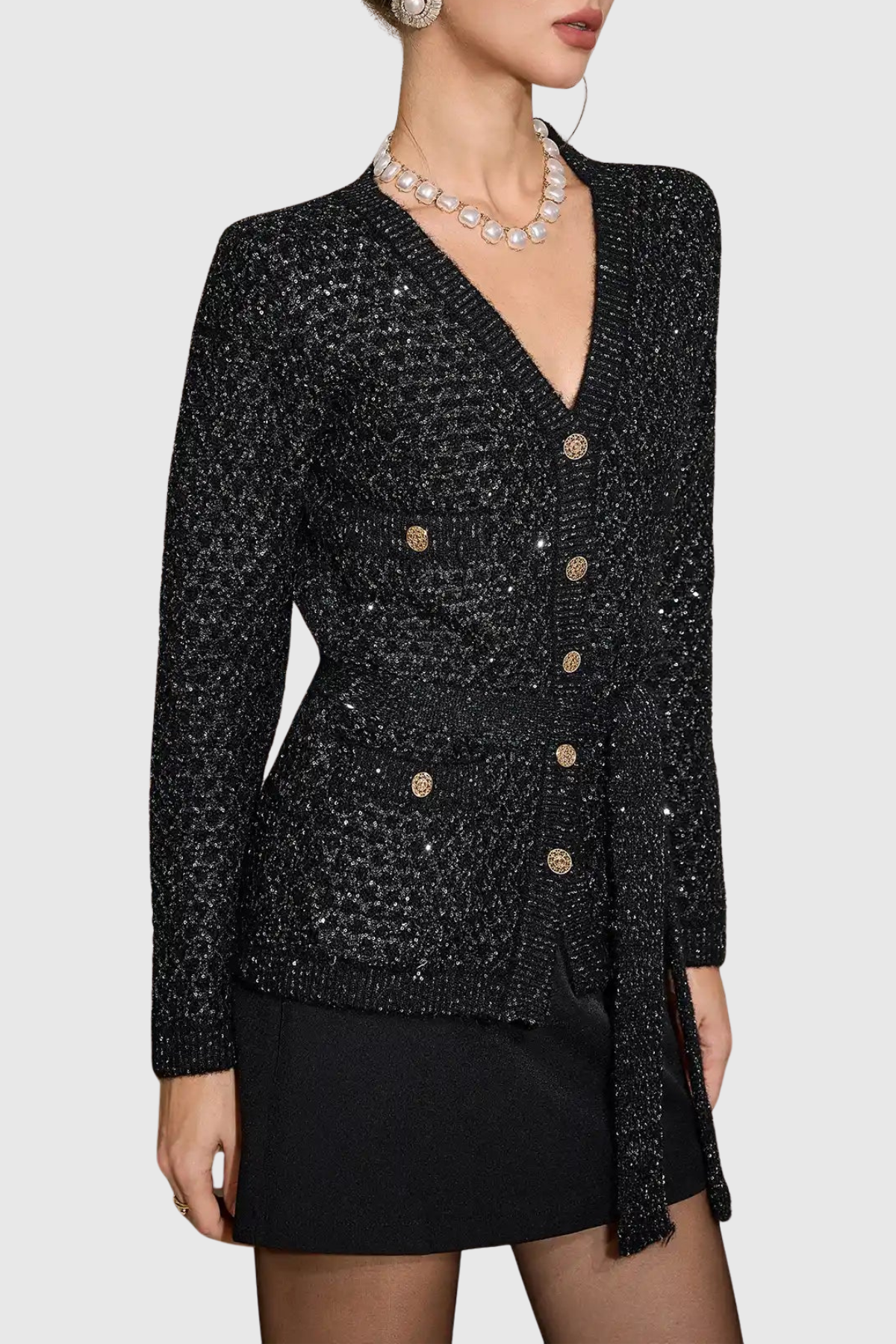 Emilia Sequin Embellished Cardigan - Black